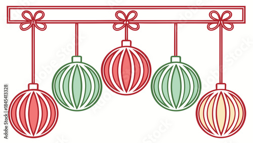 Festive Ornaments: A row of colorful, intricately patterned Christmas ornaments, suspended in a row with festive ribbons, evokes the spirit of the holiday season.
