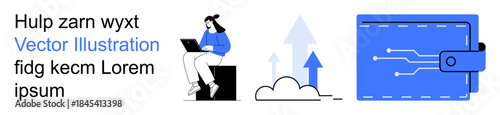 Financial technology, digital wallets, cloud computing, remote work, data security, innovation. Woman using a laptop, arrows indicating growth futuristic wallet. Financial technology and cloud