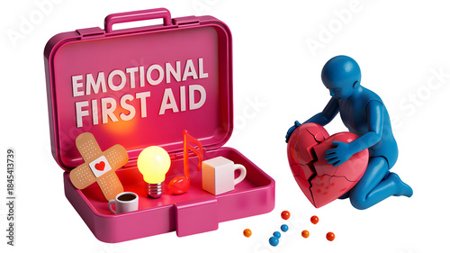Pink emotional first aid kit with a lightbulb and a blue figure holding a broken heart isolated on transparent background