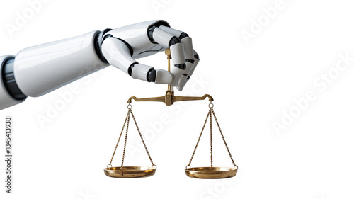 Advanced robotic hand holding antique brass scales of justice symbolizing artificial intelligence in legal proceedings and fair judgment isolated on transparent background
