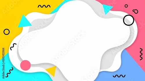 Colorful memphis-style abstract background with a soft white organic shape in the center, surrounded by playful geometric elements, pastel colors, and modern decorative accents.