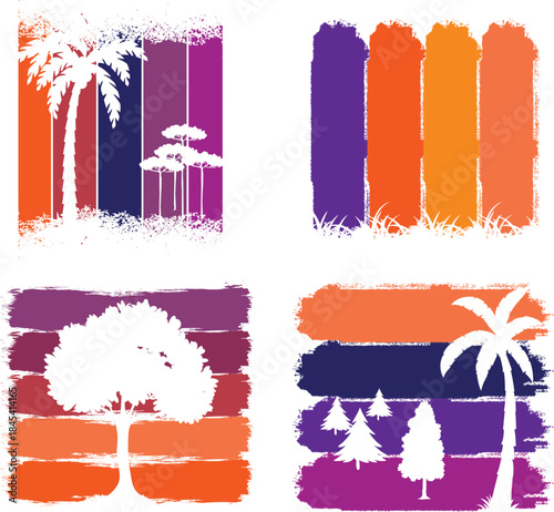 Retro sunset gradient stripe backgrounds featuring diverse nature silhouettes, including tropical palm trees and forest elements, perfect for vintage graphic design and distressed artistic creations