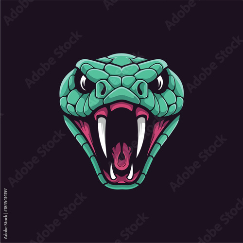 Intense Snake Head Illustration with Open Mouth and Sharp Fangs.