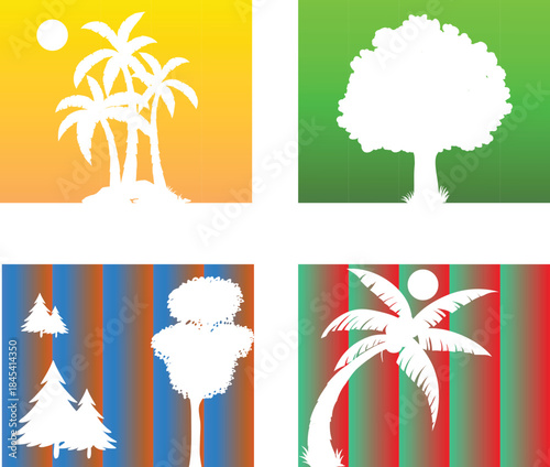 Retro-style illustration of four stylized trees against gradient backgrounds, evoking a sense of nature and artistic expression
