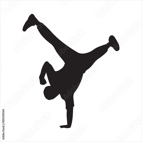 Dynamic breakdancer performing an impressive one-handed handstand with legs spread in an energetic pose isolated on white background, Vector, illustration