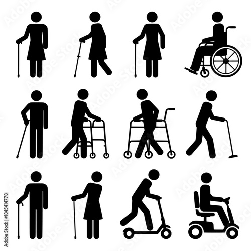 Silhouetted Mobility-Aid Figures: Varied Poses with Canes, Walkers, Wheelchairs