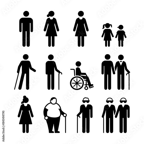 Grid of Diverse Silhouette Figures in Vector Style: People of Various Ages and Abilities