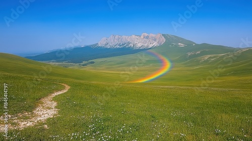 Beautiful Rainbow Stretching Across a Grassy Mountain Meadow