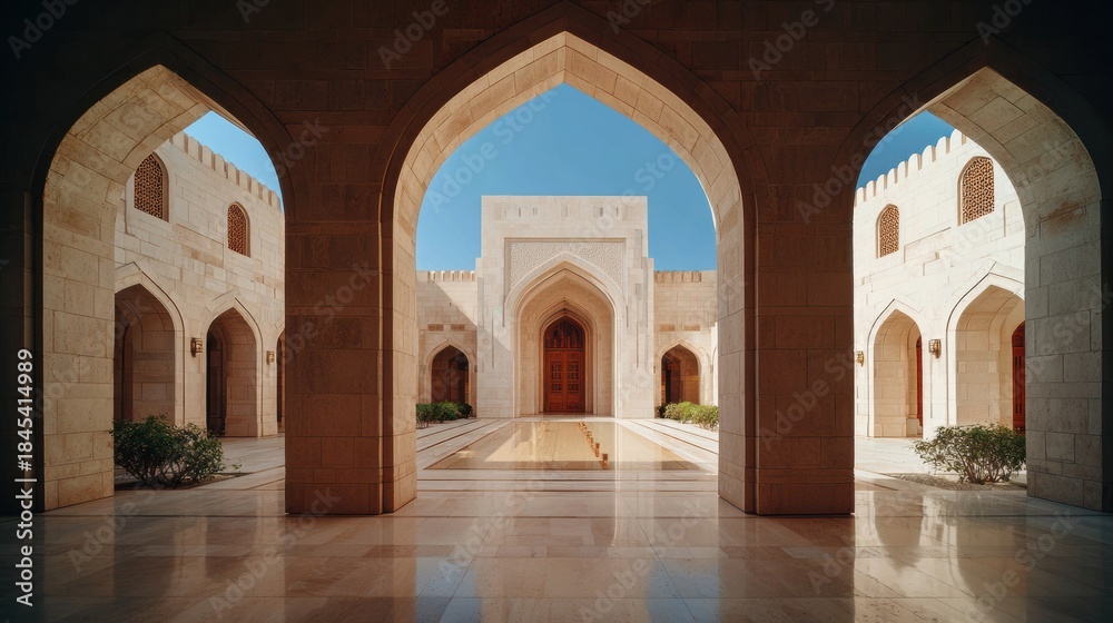 Fototapeta premium Golden Haze Surrounds a Clean Space With Arches and Columns Set in a Middle East Palace in Daytime Light Highlighting Architectural Details