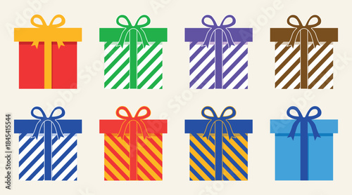 Colorful gift box collection with striped wrapping and ribbons in festive holiday colors