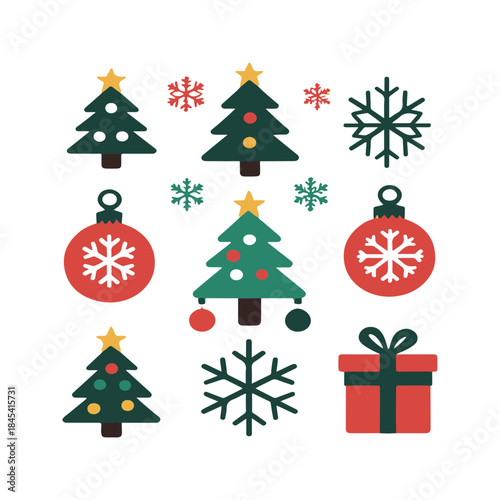 Set of Christmas Icons including decorated trees, snowflakes, ornaments, and a gift box for holiday design elements