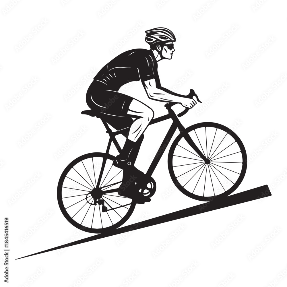 Fototapeta premium Cyclist riding uphill: a determined athlete on a road bike conquering an incline isolated on white background, Vector, illustration