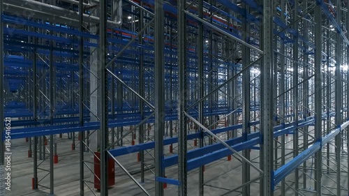 Modern Industrial Warehouse Interior Featuring Tall Steel Storage Racks. Multilevel Aisles and Wide Pathways for Logistics. Concept Transportation, Distribution and Large-scale Storage Operations