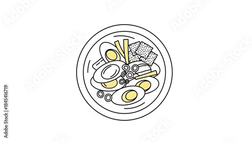Simple Line Art Bowl of Ramen Noodles with Egg.
