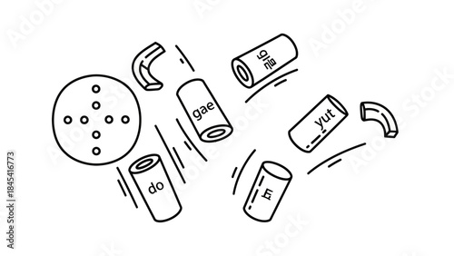Hand-drawn illustration of Korean Yut Nori game pieces.