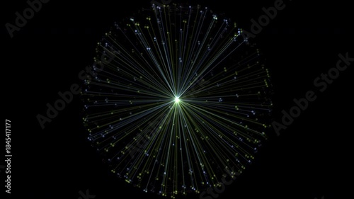 Radiating yellow-green light beams from center in abstract tech animation
