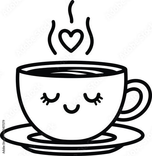 Cute smiling coffee cup with heart steam line art saucer