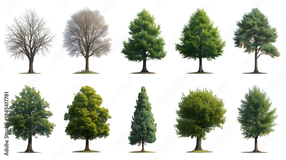 Fototapeta premium Isolated set of green pine trees, forest plants, or a single evergreen tree branch with foliage and trunk against a white background
