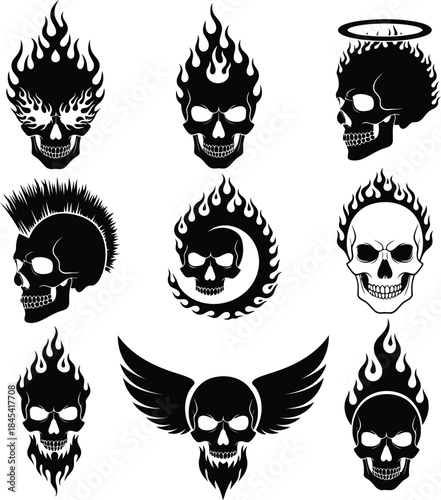 Nine black skull graphic designs with flames and wings