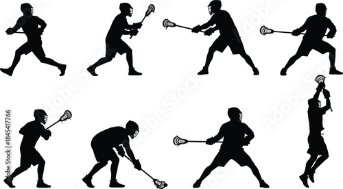 Lacrosse Player Silhouettes Vector Set, Field Athletes in Dynamic Running, Scooping, and Shooting Action Poses, Sports Graphics for Team Logos, Posters, and Tournament Branding.