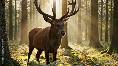Majestic Stag in Sunlit Forest - A Wildlife Encounter.