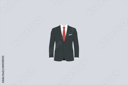 Flat illustration of a formal black business suit with red tie and white shirt. Elegant corporate clothing concept, symbolizing professionalism, business attire. Vector illustration.