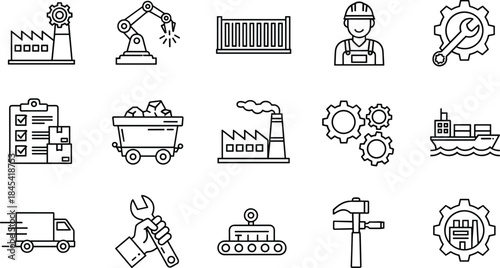 Factory, Gear, Robotic Arm, Logistics, Worker, Cargo, Mining, Transportation, and Production Tools Vector.