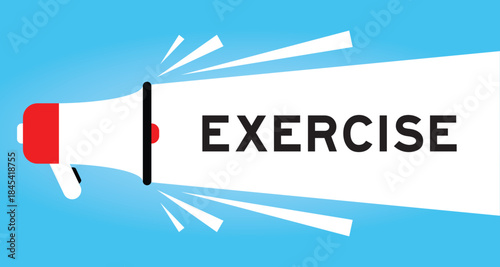 Color megaphone icon with word exercise in white banner on blue background