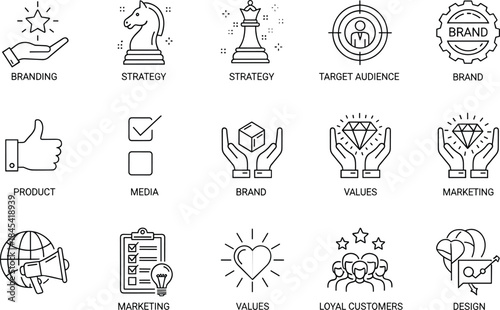 Target Audience, Social Media, Brand Values, Product Development, Concept, and Customer Loyalty Vector.