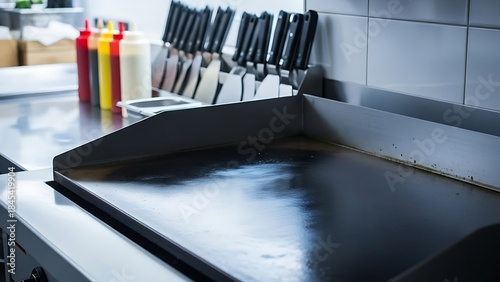 Commercial kitchen griddle with utensils and condiments for commercial usage and mockups