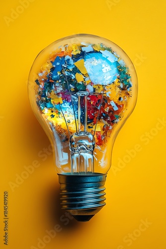 A lightbulb filled with abstract creative elements, glowing on a yellow background, representing business leadership and imaginative solutions