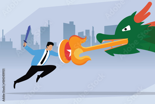 Businessman Fighting a Dragon: Conquering Major Business Challenge or Fierce Competition 2d flat vector illustration