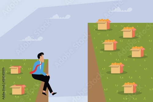 Businessman Contemplating Opportunity Gap: Business Challenge or Strategy Decision 2d flat vector illustration