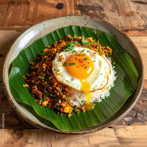 Spicy ground meat dish over rice, topped with fried egg