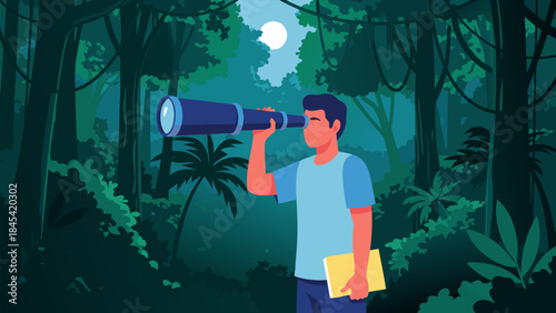 A man with a telescope explores a lush, moonlit jungle.