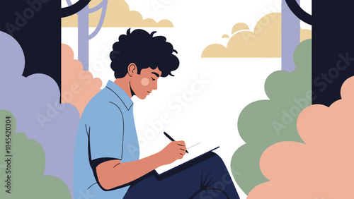 A young man with curly hair sits outdoors, focused on writing in a notebook with a pen.