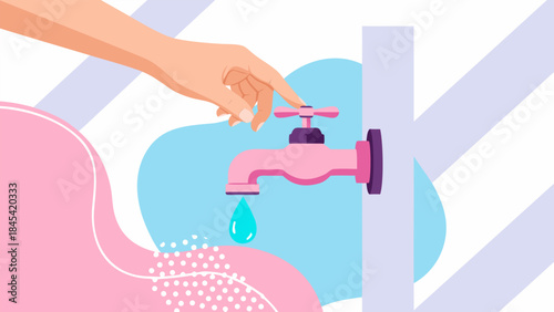 A hand turning off a pink water faucet with a single drop of water falling from it.