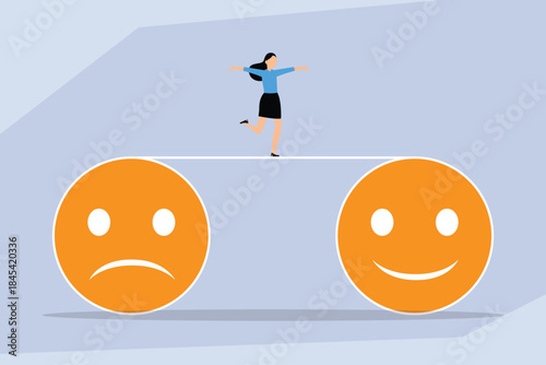 Emotional Balance and Happiness: Woman Balancing Between Sad and Happy Faces 2d flat vector illustration