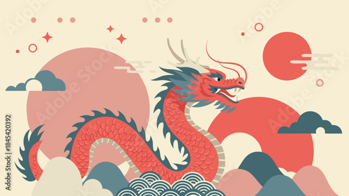 A vibrant illustration of a traditional Chinese dragon with intricate scales and flowing mane, set against a backdrop of stylized clouds and celestial orbs.