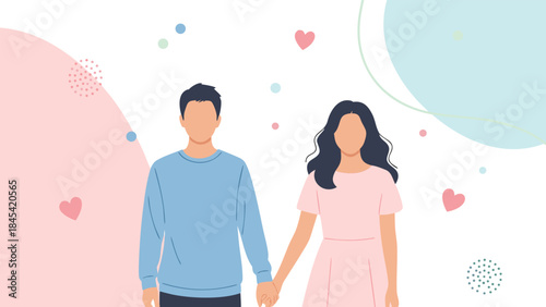 A couple holding hands with a soft, pastel background featuring hearts and abstract shapes.