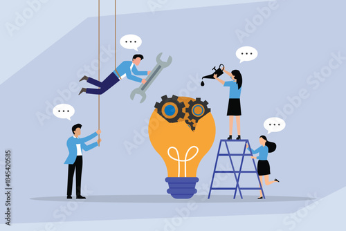Team Collaboration on Innovation: Maintaining the Idea and Process Mechanism 2d flat vector illustration