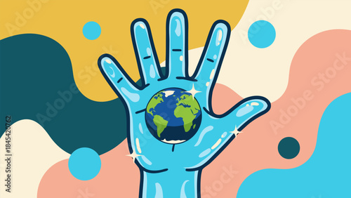 A stylized illustration of a blue hand holding planet Earth, symbolizing environmental care and protection.