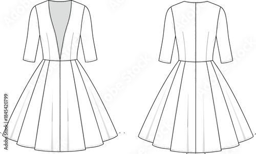 Elegant women’s V-neck flared dress technical vector illustration showcasing front and back views with detailed stitching, seams, and fashion design elements.