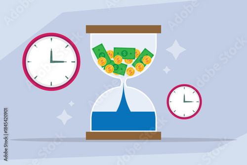 Time is an Asset: Hourglass with Money Flowing into Future Value 2d flat vector illustration