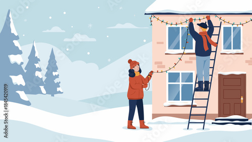 A couple decorates their house with festive Christmas lights during a snowy winter evening.