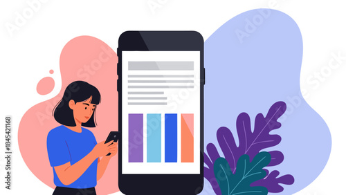 A young woman is looking at her smartphone with a large smartphone displaying charts and graphs next to her.