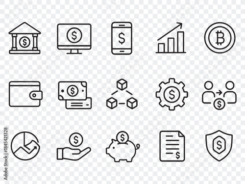 collection of modern, thin line vector icons for finance, banking, business, and payment systems, perfect for web and mobile apps. 