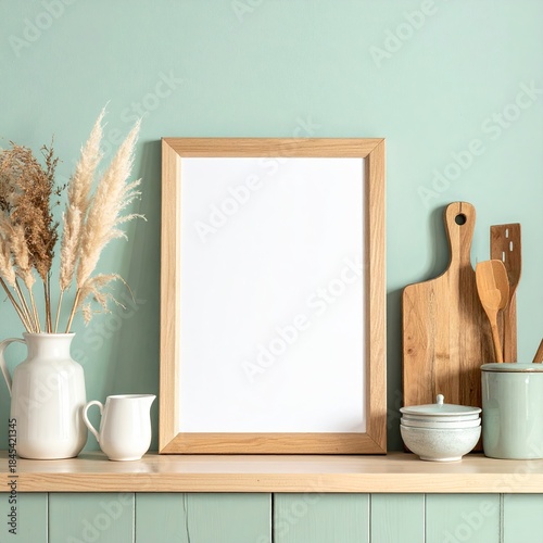 Blank framed print on mint green kitchen shelf