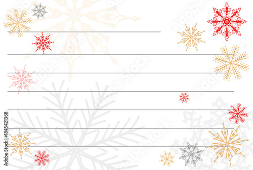 A form for invitations or messages during the winter holidays with lines and delicate snowflakes. Christmas and New Year. For printing.