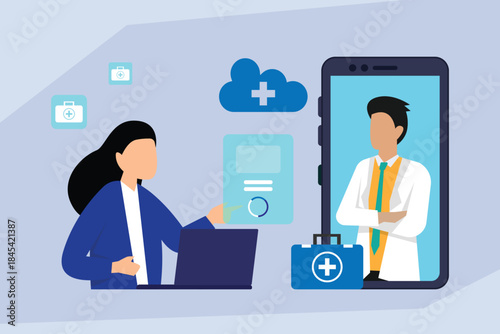 Telemedicine and Online Healthcare: Patient Consulting Doctor via Mobile App 2d flat vector illustration